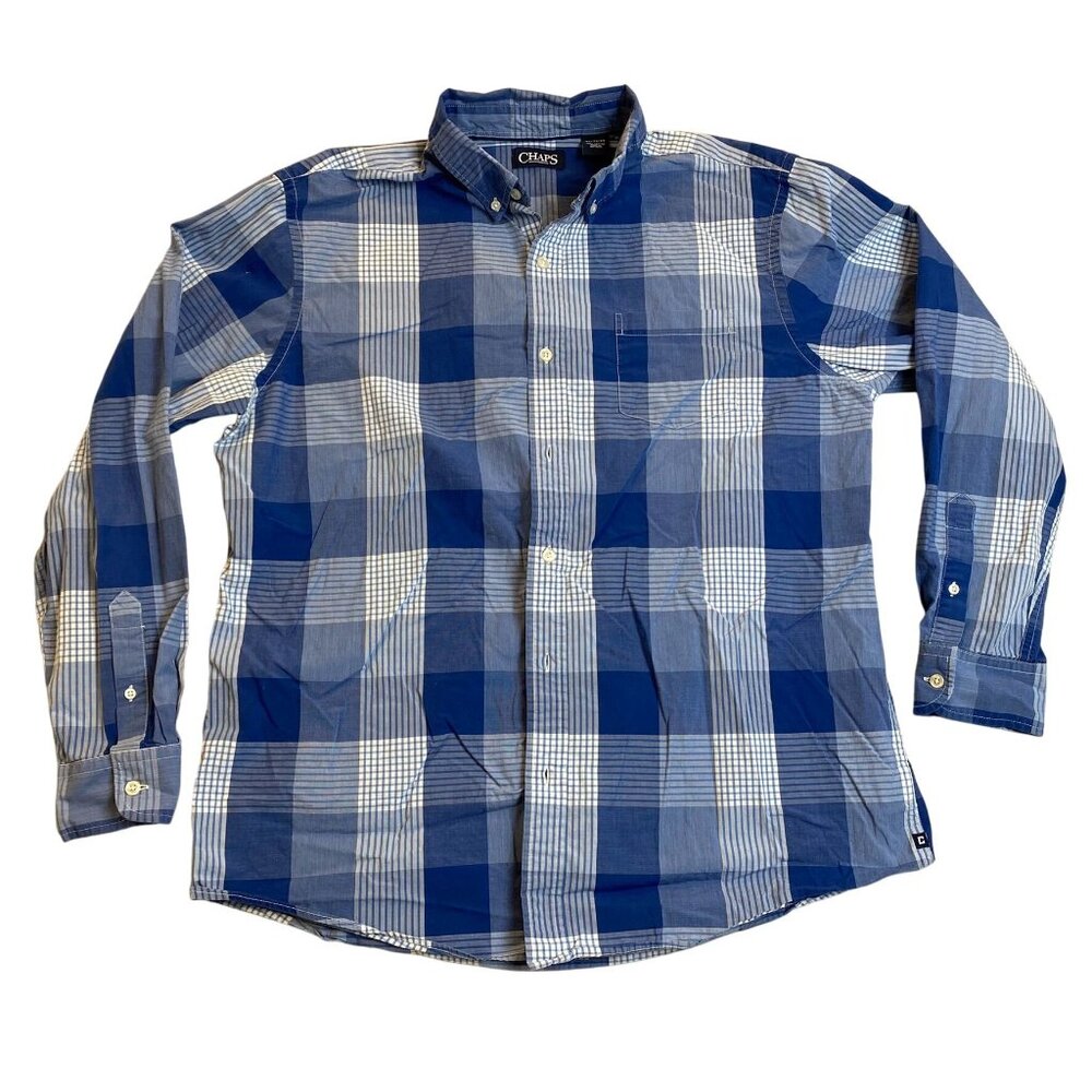 Chaps Mens Shirt XL Blue & White Plaid Button-Down Long Sleeve 100% Cotton